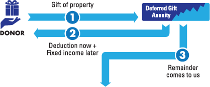 This diagram represents how to make a gift of a deferred gift annuity - a gift that pays you income.